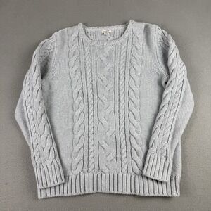 LL Bean Cable Knit Fisherman Sweater Gray Womens XL Cotton Chunky Preppy Classic